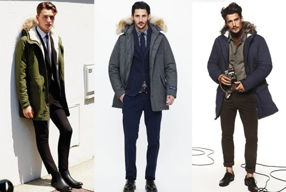 Áo khoác dạ cổ lông với áo sơ mi và quần tây