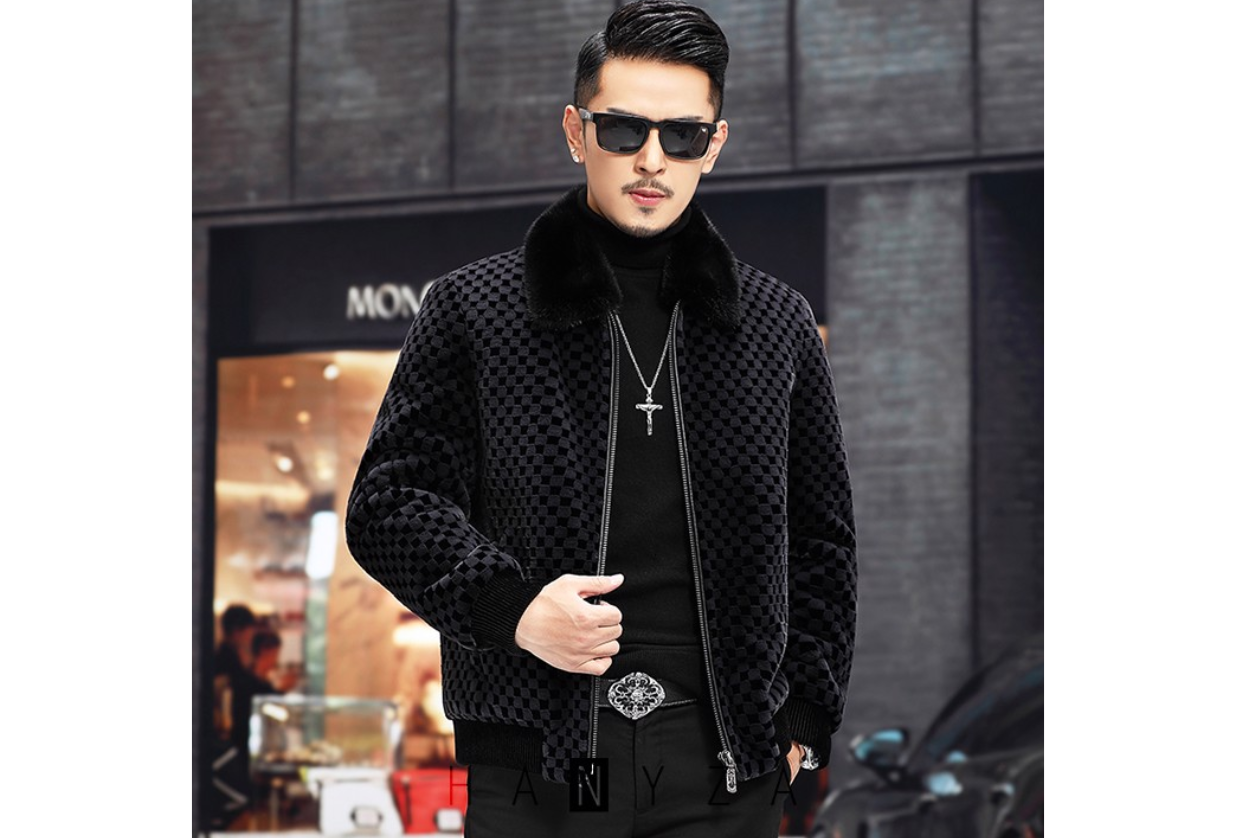 Áo khoác nam lông cừu cắt cổ lót lông chồn