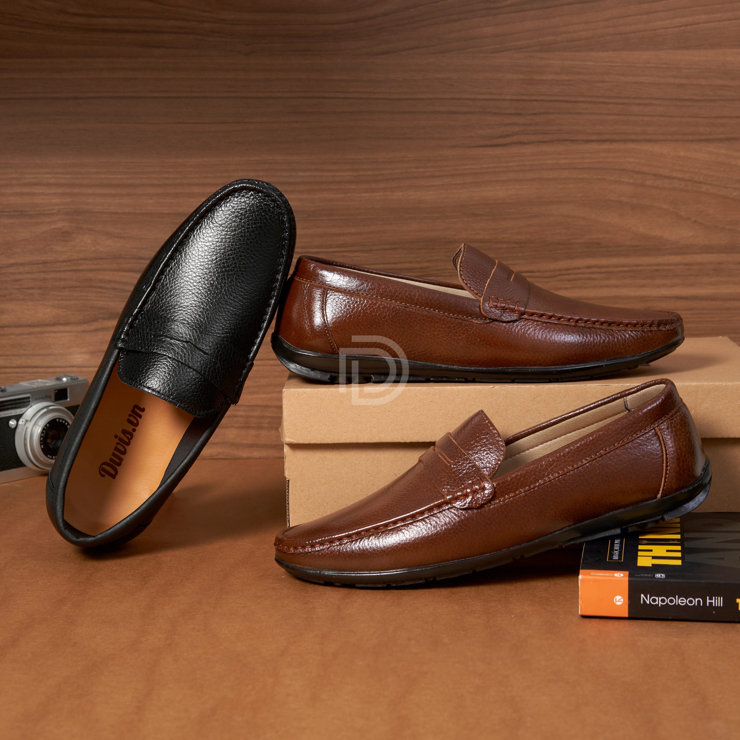 Giày Lười Da Bò L066 – Đen – Nâu