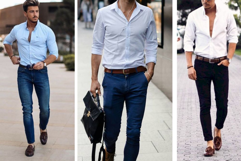 Phối giày Âu nam với áo sơ mi và quần jean