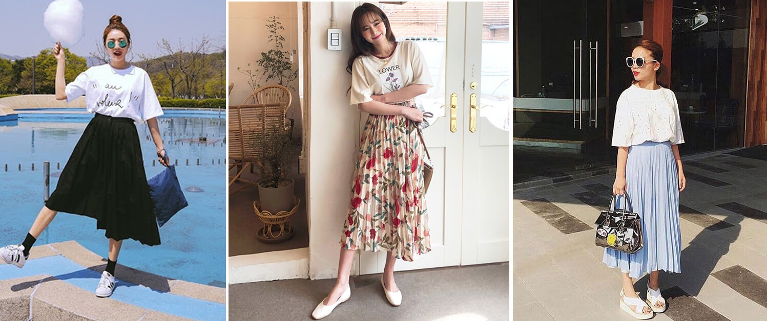 Mix áo thun basic và chân váy xòe, xếp tầng