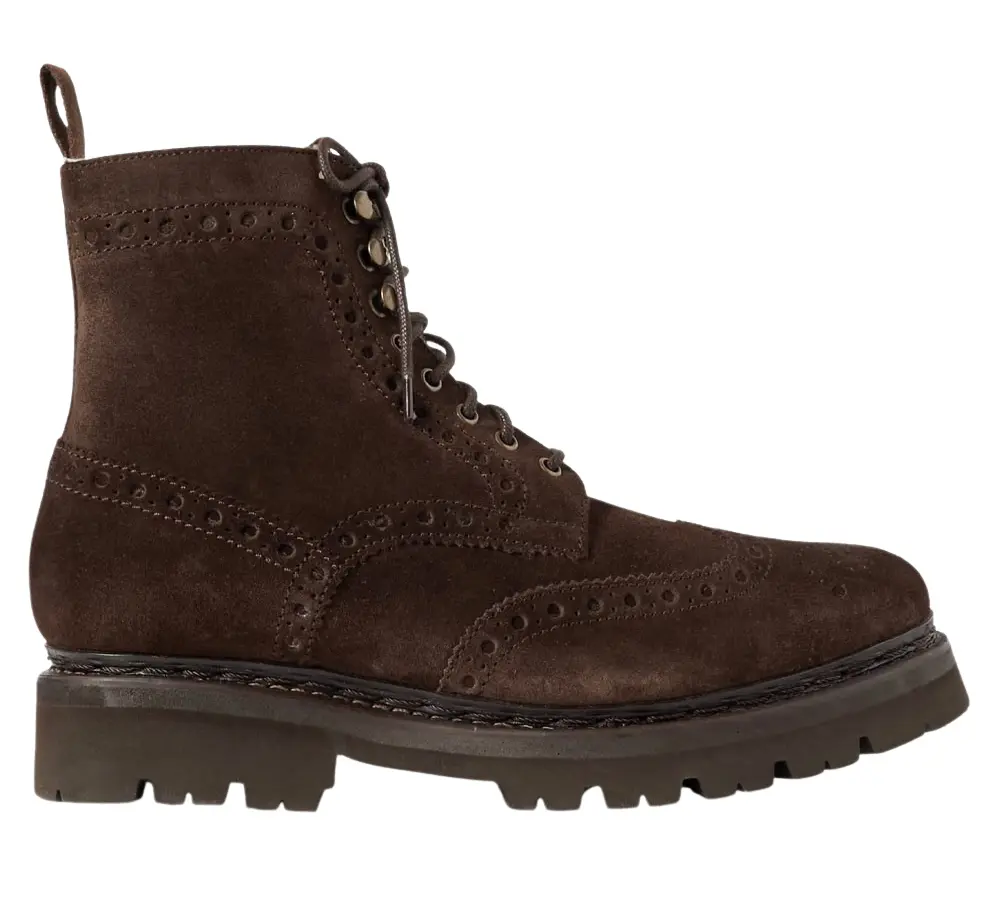 Grenson Fred Shearling-Lined Suede Brogue Boots